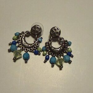 Silver Blue Green Beaded Dangle Earrings Chandelier Boho